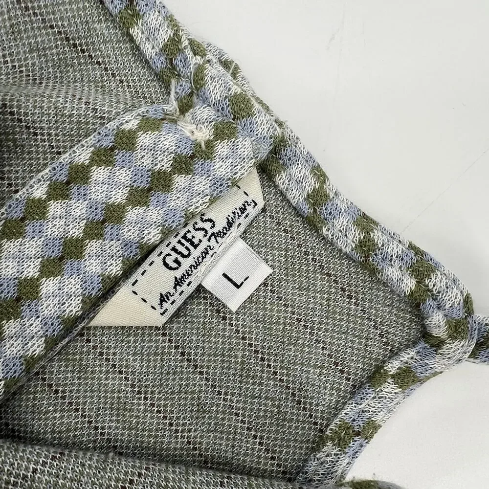 90s Vintage GUESS Houndstooth Cropped Knit Halter Top Green Blue Size L - Picture 3 of 5